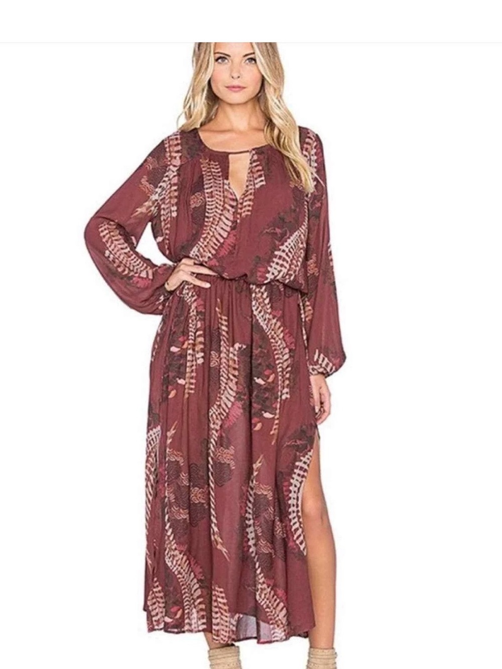 Free People Boho Long Sleeve Maxi Dress in Burgundy